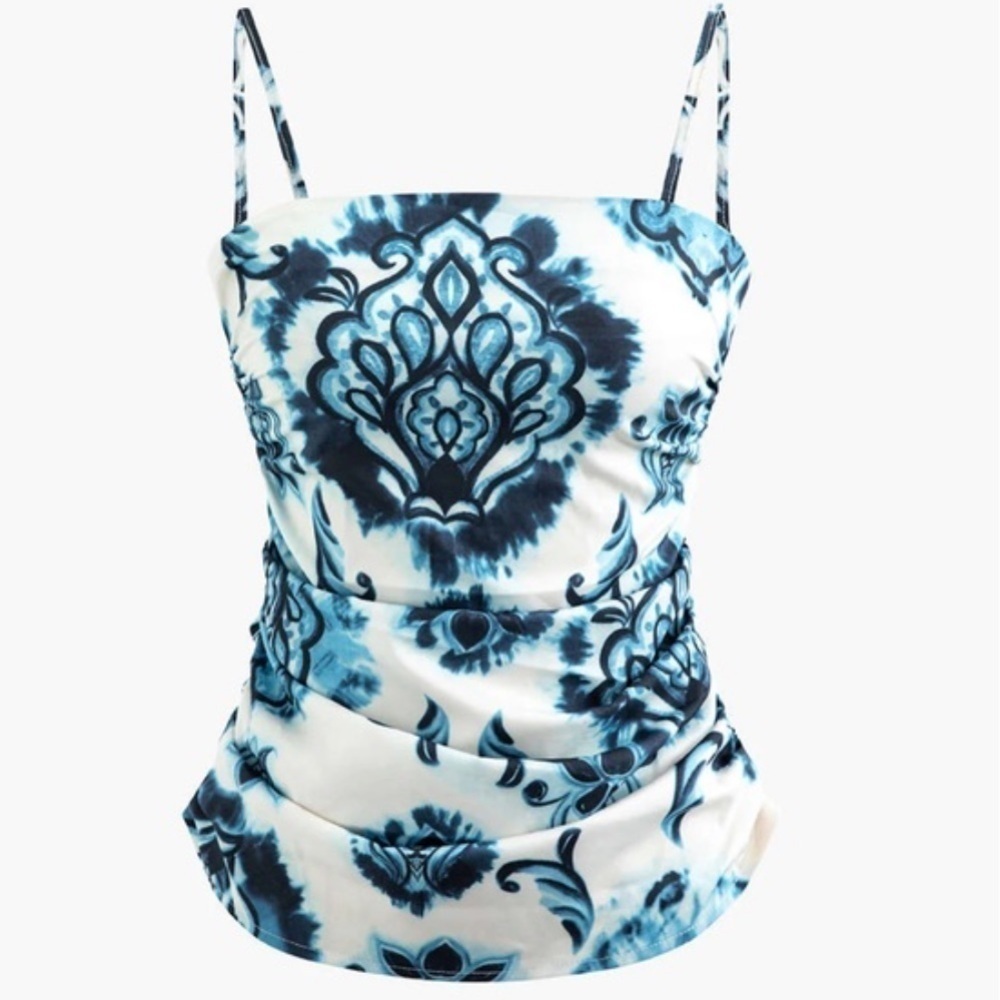 Zara Blue and White Floral Print Spaghetti Strap Tank - Picture 3 of 13